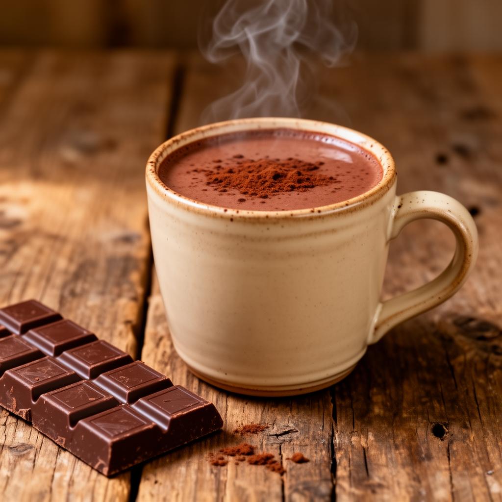 Steaming mug of dark drinking chocolate beside a chocolate bar