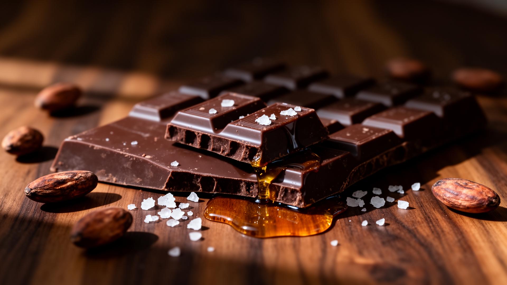Dark chocolate bars with maple syrup, sea salt and cacao beans