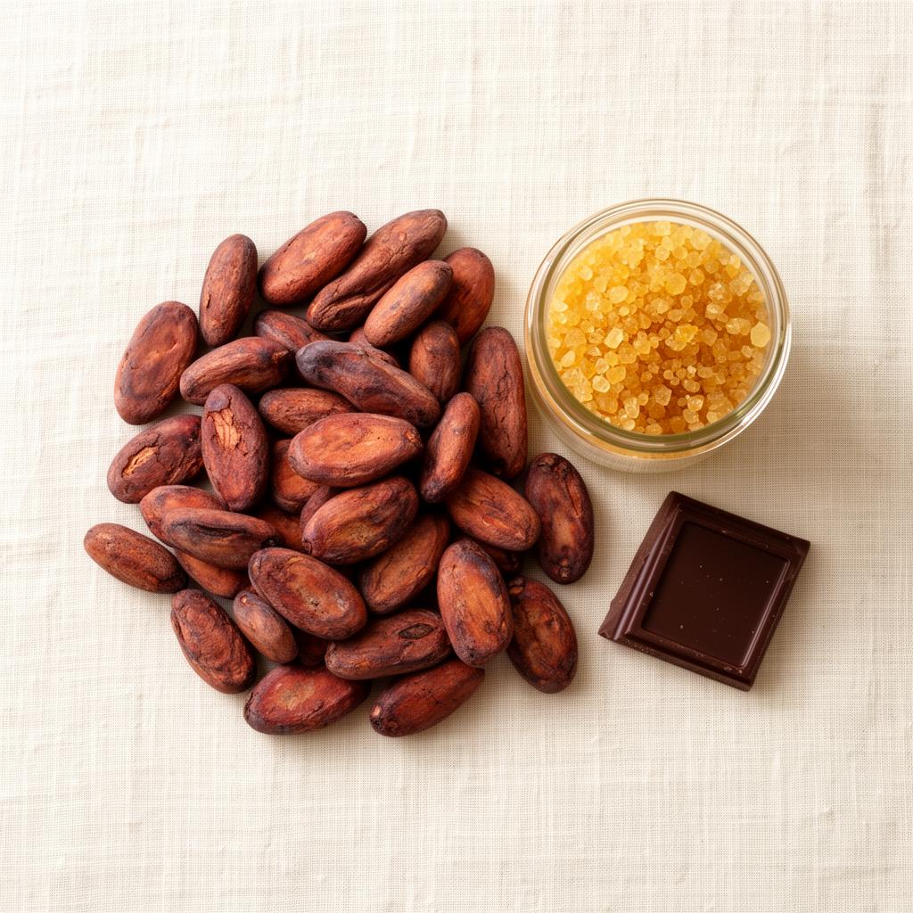 Cacao beans, maple sugar, and a single square of dark chocolate