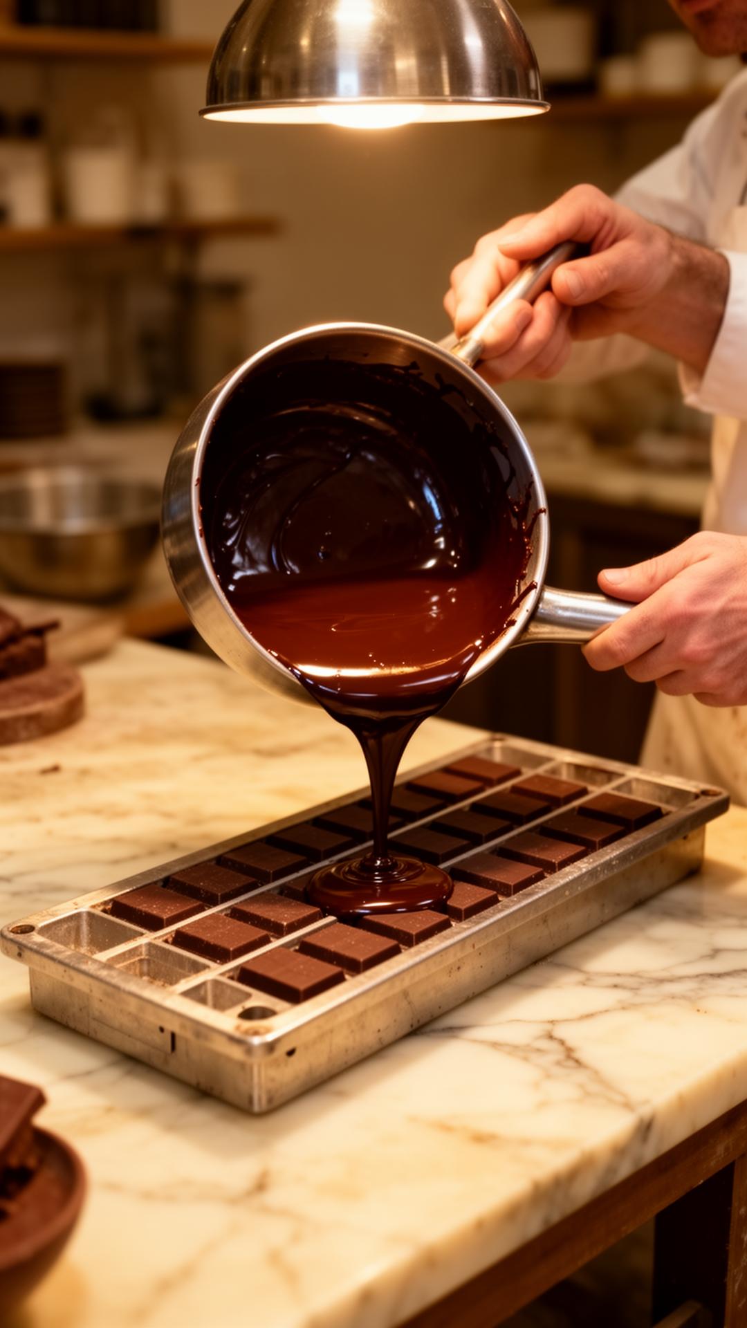 Chocolatier pouring tempered chocolate into bar molds